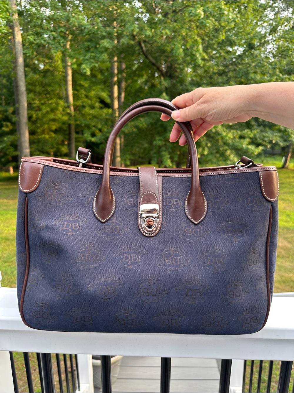 Dooney & Bourke Navy and Brown Monogram Handbag with Matching Pouch - Picture 5 of 16